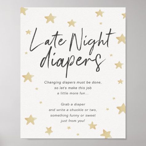 $10.40 | Moon Stars Baby Shower Late Night Diapers Sign #stars, moon, neutral, unique, trendy, sign, modern, calligraphy, late night, diapers Late Night Diapers Sign, Moon Stars Baby Shower, Stars Baby Shower, Moon Baby Shower, Scratch Paper, Stars Moon, Star Baby Showers, Moon Stars, Activity Games