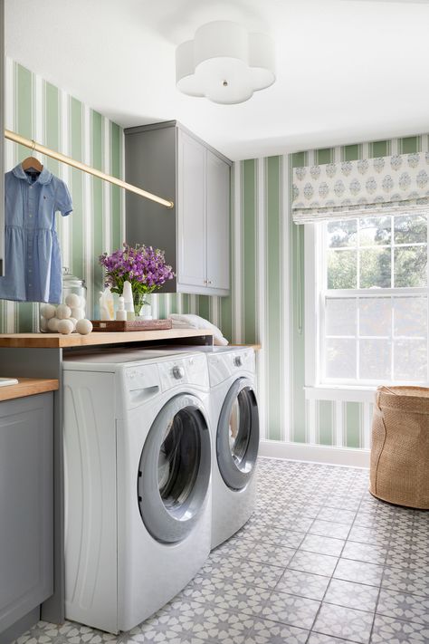 Laundry Room Reveal | Bria Hammel Interiors Bria Hammel Interiors, Bria Hammel, Grove Collaborative, Laundry Room Wallpaper, Stripe Wallpaper, Laundry Mud Room, Rooms Reveal, Laundry Room Design, Striped Wallpaper