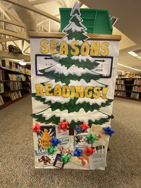 Sessions readings. Children’s end cap display. Winter book display. Library book displays. Christmas book display. Children’s books. Present. Tree. Library end cap. Christmas Book Fair Ideas, Christmas Display Library, Winter Holiday Library Displays, Library Tree Display, Winter Library Book Displays, Winter Library Display Ideas, Library End Cap Displays, Book Fair Display, Christmas Book Display Library