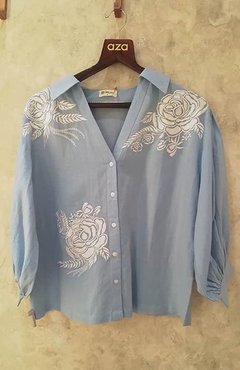 Buy Blue Linen Blend Embroidered Floral Shirt For Women by ORIGANI Online at Aza Fashions. Casual Blouse Designs, Floral Embroidered Shirt, 2024 Ideas, Machine Work, Summer 2025, Linen Collection, Dress Design Patterns, Womens Shirt, Indian Designer Wear