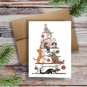 Cat Christmas Cards Handmade, Thanksgiving Appreciation, Cats Watercolor, Cat Christmas Cards, Christmas Card Illustration, Unique Thanksgiving, Cat Christmas Tree, Card Inspo, Door Decorating