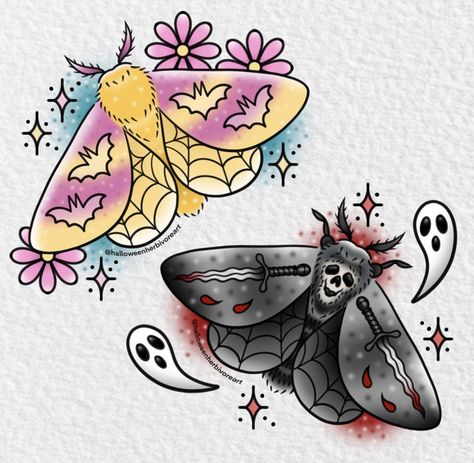 Cryptid Flash Tattoo, 80s Themed Tattoos, Halloween Moth Tattoo, Pastel Halloween Tattoo, Kawaii Bat Tattoo, Spooky Knee Tattoos Women, Neotraditional Halloween Tattoo, Bunnicula Tattoo, Spooky Knee Tattoo