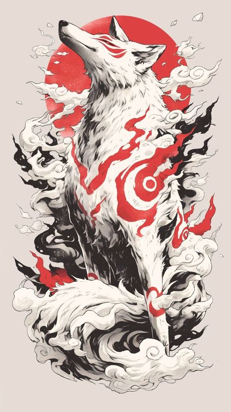 Japanese Wolf Tattoo, Chest Tattoo Japanese, Flying Phoenix Tattoo, Japanese Wolf, Cute Tattoo Ideas, Harley Quinn Drawing, Japanese Pop Art, Japan Tattoo Design, Japanese Drawings