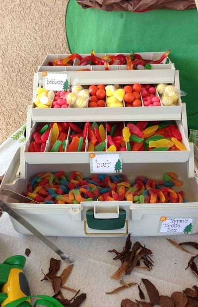 Fish Theme Candy Bar, Duck Hunting Decorations Party Ideas, Hunting Fishing Birthday Party, Fishing Themed Classroom, Hunting And Fishing Birthday Party, Bait Bar Fishing Party, Gummy Fish, Camping Bar, Fish Party