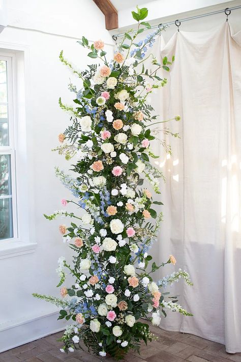 DIY Floral Pillars for Your Ceremony: Tutorial from Bloom Culture Flowers Diy Flower Columns, Altar Floor Flowers, Flowers On Columns Wedding, Wedding Pillar Decorations Columns Floral Arrangements, Diy Faux Flower Arch, Freestanding Floral Arch, Flower Poles Wedding, Flower Columns Wedding Ceremony, Ceremony Flowers Altar Outdoor