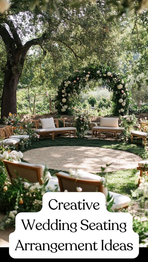 A beautiful outdoor wedding seating arrangement with a mix of elegant wooden chairs and modern benches in a circular setup, surrounded by greenery and floral accents. T Shaped Wedding Seating, Wedding In The Round Ceremony Seating, Wedding Ceremony Sitting Arrangement, Spiral Wedding Seating, Circle Seating Wedding, Circular Wedding Ceremony Seating, Non Traditional Wedding Seating, Cocktail Hour Seating Ideas, 100 People Wedding Seating