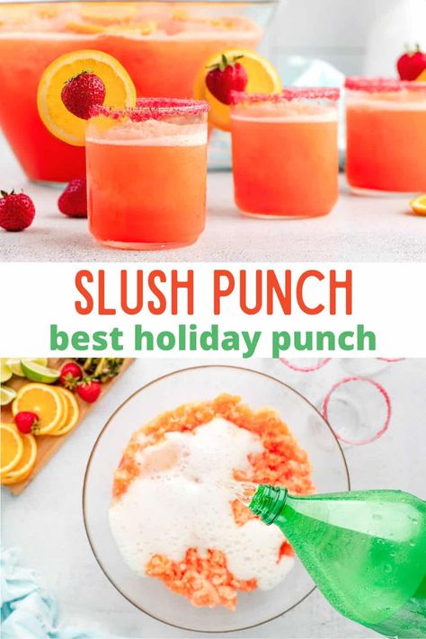 Jello Slush Punch, Christmas Slush Punch, Punch Made With Jello, Vodka Sherbert Punch, Christmas Slushie Drinks, Old Fashion Punch Recipe, Slushy Punch Recipes Non Alcoholic, Christmas Slush Recipes Non Alcoholic, Party Punch With Sherbert