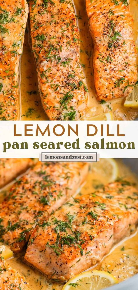 This simple pan seared Lemon Dill Salmon recipe is the perfect weeknight dinner that whips up in no time! Only a couple minutes to prep, simple crisp and golden seared fish in a buttery lemon dill sauce that will pair well your favorite side dishes for a complete meal! Lemon Caper Salmon, Lemon Herb Salmon, Dill Salmon Recipes, Salmon With Dill, Salmon Dill, Lemon Dill Salmon, Meat Entrees, Salmon Recipes Baked Healthy, Lemon Dill Sauce