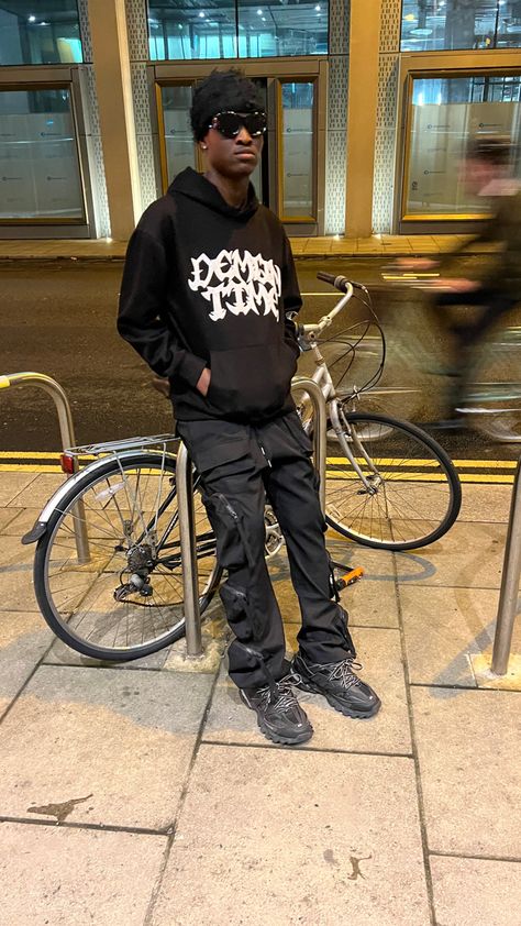 Outfit details: Black distressed balaclava, demontime black and white puff print hoodie, black cargos, black balenciaga led tracks. Balenciaga Track Outfit Men, Balenciaga Track Outfit, Distressed Balaclava, Cargos Black, Puff Print Hoodie, Track Outfits, Black Cargos, Drippy Outfit, Black Balenciaga