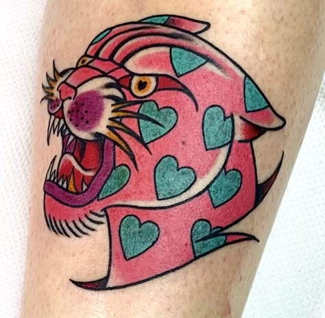 #tattoo #panther #traditional #barbie #hearts #pinkpanther #pink Panther Tattoos, Traditional Panther Tattoo, Leopard Tattoos, Pink Tattoo, Panther Tattoo, 100 Tattoo, Wild Tattoo, Retro Tattoos, Leg Tattoo Men