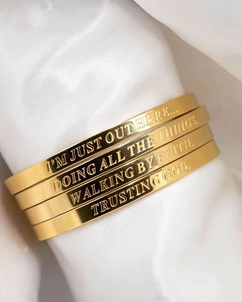 Boldly and beautifully reflect your faith journey ✨️ Faith Reflections 4pc 18k Gold Plated Bangle Set ✝️ Reflect your faith & speak your mood.®️ www.meaningfulmood.com 📸 @blankenship.megan #ameaningfulmood #reflectyourfaith #speakyourmood #prayer #faith #faithbrand #womanofgod #christianentrepreneur #womanofgod #dopefaith #smallbiz #styleinspired #womenoffaith #menoffaith #jesusteam #faithinspired #kingdombusiness #encouragement #inspirationaljewelry #statementjewelry Bible Jewelry, 2 Corinthians 5 7, Dope Jewelry Accessories, Engraved Bangle, Bracelets Adjustable, Christian Bracelets, Wear Store, Gold Plated Bangles, Favorite Bible Verses