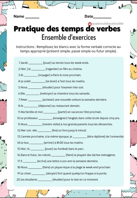 Er Verbs French Exercise, Er Verbs French, French Grammar Exercises, French Study, Tenses Exercises, Basic French Words, French Worksheets, French Verbs, Grammar Exercises