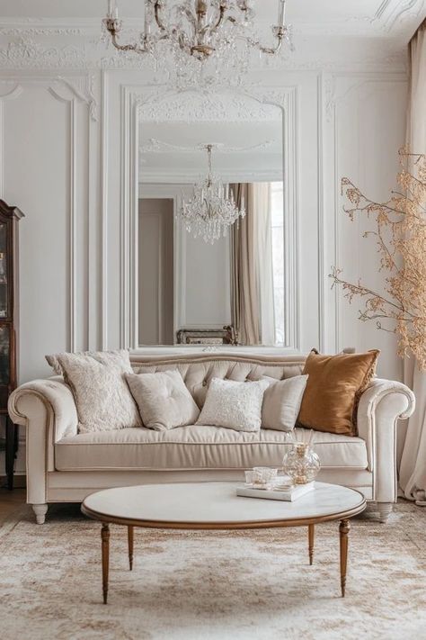 "Transform your living room into a French Country retreat! 🛋️🌾 Ideal for adding warmth, character, and timeless beauty to your home. 🌿�✨ #CountryLiving #FrenchStyle #HomeInspiration" French Vintage Living Room, Parisian Style Living Room, French Inspired Living Room, Tan Couch, French Glam, Glam Interior Design, Cozy Living Room Design, French Country Living, French Country Living Room