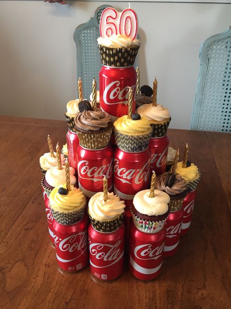 Coke Birthday Party Ideas, Coke Cola Gifts Diy, Soda Can Cake Tower Diy Birthday Gifts, Soda Cake Tower, Coke Themed Cake, Dr Pepper Cupcake Tower, Coke Cola Cake Theme, Coca Cola Theme Party, Coke Theme Party