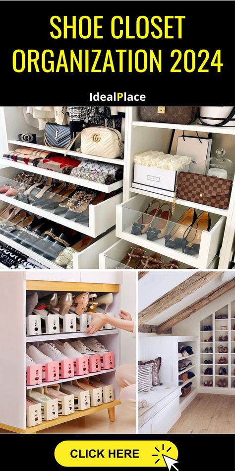 Shoe closet organization 2024 meets innovative design in this comprehensive guide for small spaces. We explore built-in storage solutions that blend seamlessly with your bedroom decor. From elegant black finishes to multifunctional Ikea units, our ideas cater to both family homes and bachelor pads. Transform your cluttered shoe collection into a well-organized display. Shoe Organization Walk In Closet, Diy Shoe Organization, Shoe Closet Organization, Shoe Storage Design, Tiny Entryway, Bedrooms Luxury, Small Closet Storage, Ideas For Small Bedrooms, Ikea Units