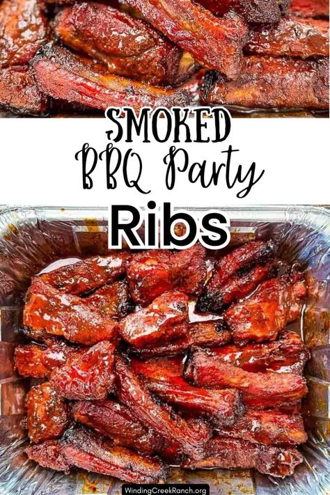 Smoked BBQ Party Ribs Fall Off The Bone Ribs Smoker, Party Ribs On Pellet Grill, Party Ribs Smoked, Smoker Recipes Electric Pellet, Fall Smoker Recipes, Ribs Smoker Recipe, Party Ribs, Bbq Smoker Recipes, Bbq Sauce Homemade Easy