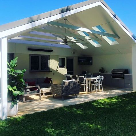 Hamptons Style Gable Roof Patio | Perth Timber Patios Pitched Patio Roof, Roof Extension Over Patio, Ply Ceiling, Gable Roof Patio, Gable Patio, Hamptons Patio, Alfresco Ideas, Outdoor Veranda, Roof Patio