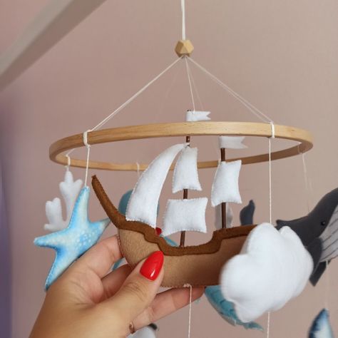 Nautical Mobile, Wool Toys, Ocean Nursery Decor, Boy Baby Shower Gift, Hanging Crib, Mobile Hanger, Baby Boy Mobile, Nautical Nursery Decor, Ocean Nursery