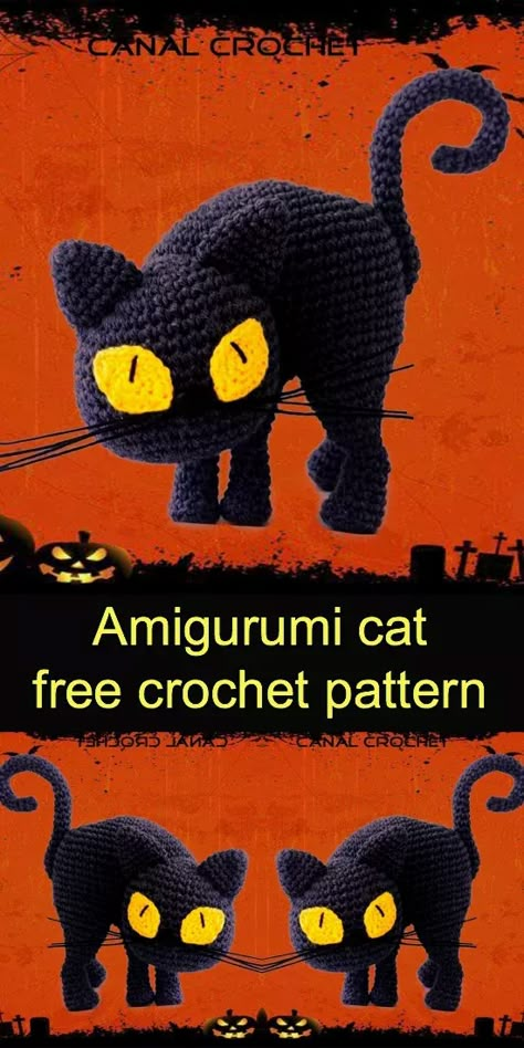 Cat Free Crochet Pattern, Crochet Black, Fall Crochet Patterns, Crochet Cat Pattern, Cat Amigurumi, Pola Amigurumi, Halloween Crochet Patterns, Crochet Fall, Holiday Crochet