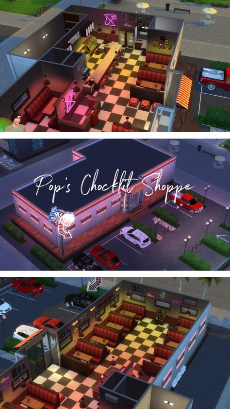 Sims 4 Restaurant Ideas Layout, Riverdale Sims 4, Sims Restaurant Ideas, The Sims 4 Restaurant Ideas, Sims 4 Shops, Restaurant Sims 4, Pops Diner, Sims 4 Loft, Sims 4 Restaurant