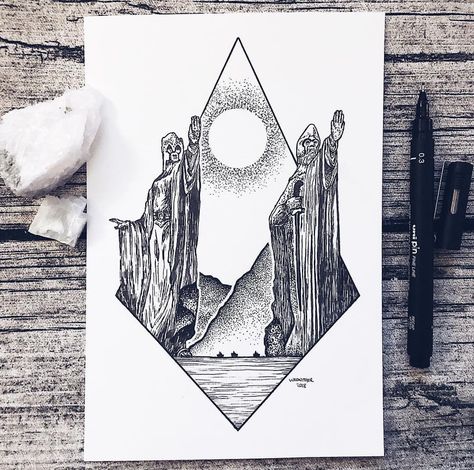 The Argonath Lotr Sleeve, Lotr Tattoo Ideas, Hobbit Tattoo, Tolkien Tattoo, Lotr Tattoo, Lord Of The Rings Tattoo, Rings Tattoo, Fineliner Art, Stippling Art