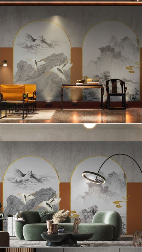 Chinese Landscape Wallpaper, Chinese Landscape, New Chinese, Landscape Wallpaper, Mural, Ceiling Lights, Furniture, Home Decor, Home Décor