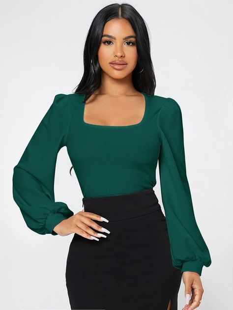 Green Top Outfit, Green Outfits For Women, Dressy Fall Outfits, Dark Green Shirt, Bandeau Crop Top, Flared Sleeves Top, Easy Trendy Outfits, Women T Shirts, Lantern Sleeve