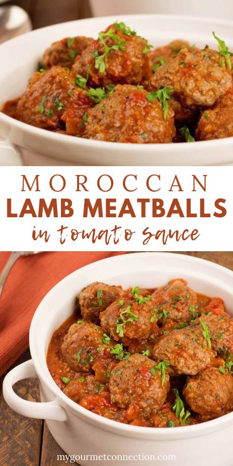 These Moroccan-inspired meatballs are made with a blend of spices and fresh herbs then simmered in tomato sauce for a tasty meatballs you can serve as an appetizer or main dish over pasta or rice! #moroccanfood #lamb #lambrecipes #recipe #meatballrecipe #mygourmetconnection Moroccan Lamb Meatballs, Spaghetti Baked, Meatballs Beef, Recipes Meatballs, Recipe Meatballs, Meatballs Italian, Ground Lamb Recipes, Meatballs Crockpot, Easy Meatballs