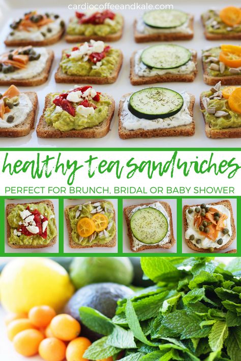 Perfect for your next brunch, shower, or even a tea party!  Healthy and delicious!  4 Healthy Tea Sandwiches - Perfect for a  Brunch, Shower or Tea Party cardiocoffeeandkale.com #cleaneating #healthy #healthyfood #brunchrecipes #showerrecipes #babyshower #bridalshower #avocadotoasts #yummy #healthyfood Brunch Tea Sandwiches, Healthy Tea Sandwiches, Healthy High Tea Recipes, Healthy Tea Party Snacks, Tea Party Healthy Food, Healthy Afternoon Tea, Healthy Tea Party Food, Healthy Tea Time Snacks, Vegan High Tea Sandwiches