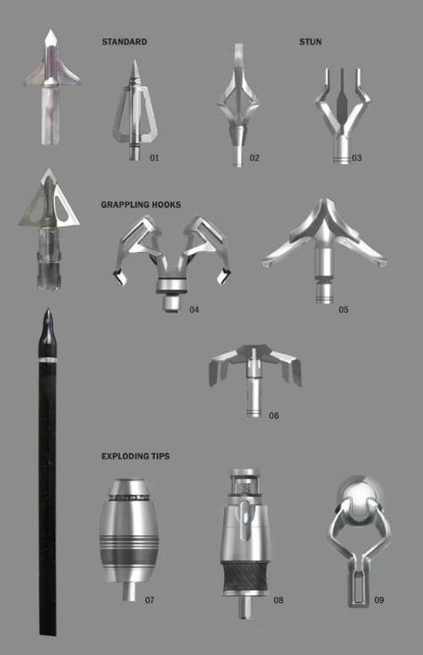 Detailed concept art of Hawkeye's arrow tips Hawkeye Bow, Arrow Heads, Crossbow Hunting, Nunchucks, Archery Bows, Archery Bow, Bow Arrows, Concept Artist, Green Arrow