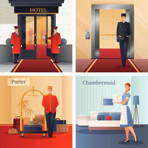 Hotel Illustration, Staff Design, Hotel Games, Bathroom Illustration, Fancy Hotel, Hotel Worker, Hotel Jobs, Graphic Design School, Staff Uniforms