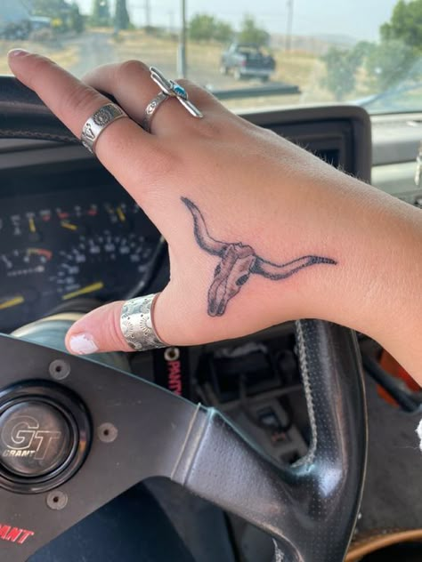 Longhorn Skull Dream Catcher Tattoo, Bull Tattoo On Hand, Longhorn Tattoo On Hand, Western Tattoos Hand, Tattoo Ideas Southern, Matching Texas Tattoos, Longhorn Head Tattoo, Western Lip Tattoo, Western Tattoos On Hand