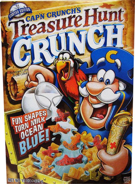 2008 | Cap’n Crunch’s Treasure Hunt Crunch - This limited edition cereal was described on the box as a "sweetened corn & oat cereal... fun shapes turn the milk ocean blue." The cereal pieces consisted of traditional Cap'n Crunch pillows and orange and red anchors, sharks and x's (as in in "x marks the spot"). Childhood Breakfast, Cereal Characters, Cereal Kelloggs, Cap'n Crunch, On My Block, Types Of Cereal, Best Cereal, Cereal Brands, Capn Crunch