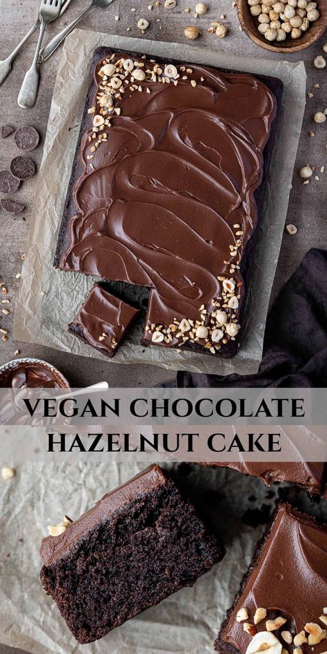 Vegan chocolate hazelnut cake - this delicious sheet cake is rich, nutty, chocolatey and indulgent. Made with hazelnut flour and topped with hazelnut ganache, every bite is packed with flavour and it's easy to make too! Hazelnut Ganache, Hazelnut Flour, Chocolate Hazelnut Cake, Vegan Baking Recipes, Plant Based Desserts, Hazelnut Cake, Vegan Chocolate Cake, Vegan Cake Recipes, Vegan Bakery