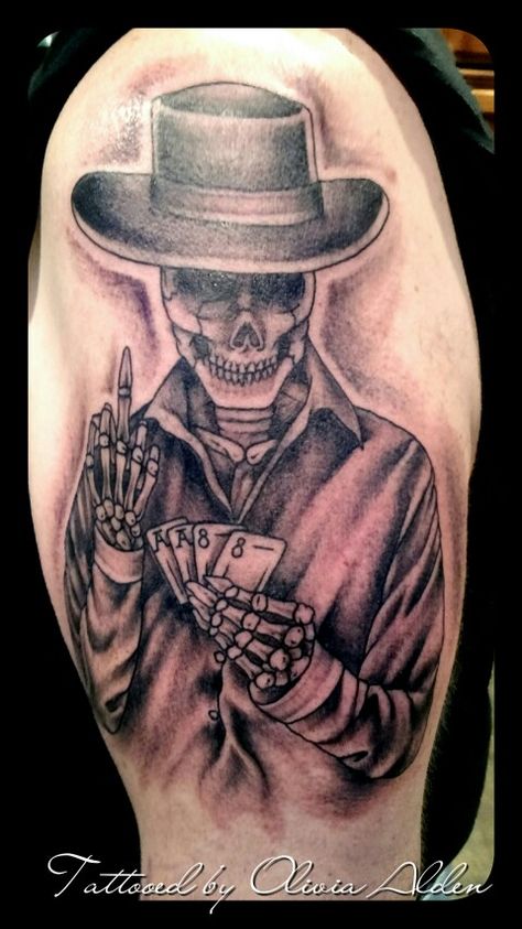 Dead man's hand skeleton tattoo Men Skeleton Tattoo, Dead Man’s Hand Tattoo, Skeleton Chest Tattoo, Western Skull Tattoo, Dead Mans Hand Tattoo, Country Tattoos For Men, Hand Skeleton Tattoo, Cowboy Tattoos For Men, Spooky Cowboy