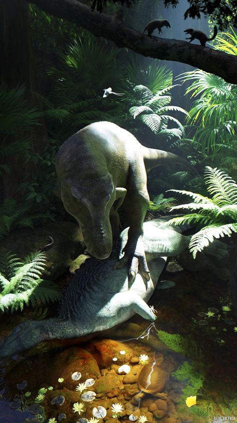 (99+) Lucky Find A Tyrannosaurus finds the recently deceased body of an Edmontosaurus slumped into a creek in the forest. Around them... – @paleoart no Tumblr Softshell Turtle, Jurassic World Wallpaper, Prehistoric Animals Dinosaurs, Prehistoric Wildlife, Prehistoric Dinosaurs, Dinosaur Illustration, Ancient Animals, Prehistoric Art, Paleo Art