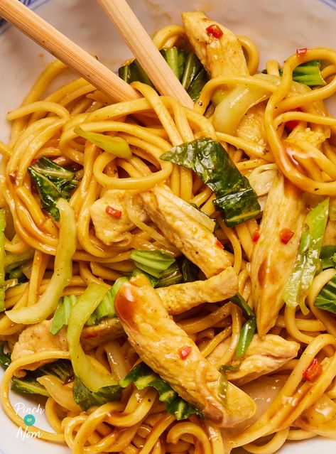 Spicy Chicken Noodle Recipes, Spicy Noodles And Chicken, Spicy Peanut Noodles With Chicken, Pinch Of Nom Chicken Recipes, Spicy Peanut Chicken Noodles, Spicy Chicken Noodles, Pinch Of Nom, Asian Street Food, Healthy Body Weight