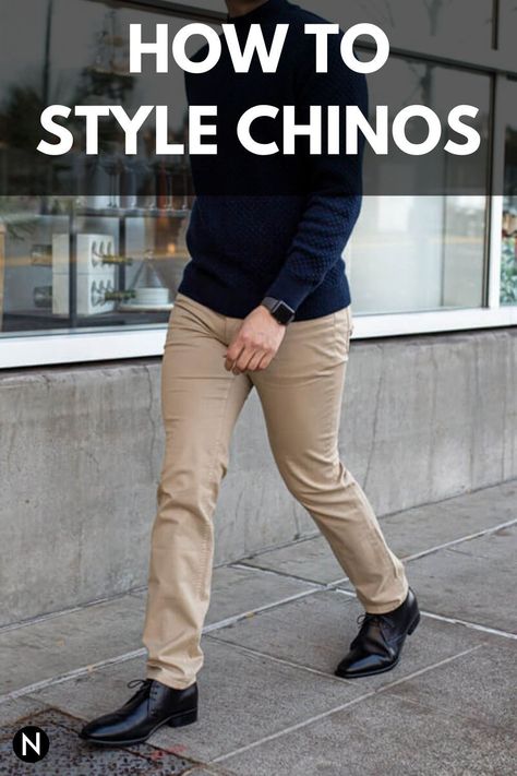 Chinos aren’t as formal as trousers but more formal than jeans. They can be dressed up or down. Here’s your complete guide to choosing and wearing chinos. #chinos #menswear #mensstyle #fashion Khaki Chinos Men Outfits, Brown Chinos Men Outfits, Chinos Men Outfit, Burgundy Chinos, Stone Chinos, Khaki Pants Outfit, Brown Chinos, Best Pants, Look Sophisticated