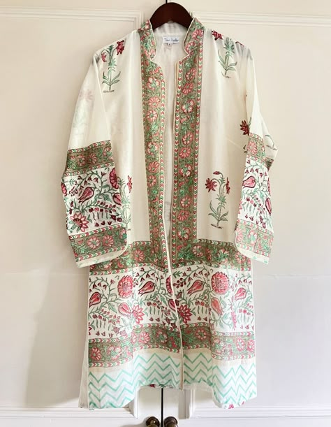 Chanderi Jacket | Silk | Forget-me-not | Tania Llewellyn Designs Block Printing Suits Designs, Sabyasachi Casual Wear, Block Print Suits Designs, Silk Prints, Hand Block Print, Block Printing Ideas Design, Hand Block Printed Suits, Block Printed Suits, Fancy Suit