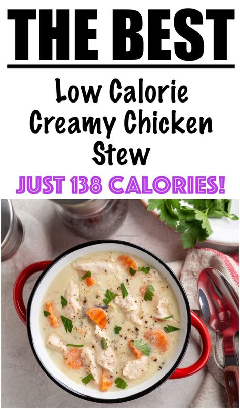 Creamy Chicken Stew in Crockpot {JUST 138 CALORIES} Low Calorie Creamy Chicken, Stew In Crockpot, Low Calorie Stew, Detox Meals, Slow Cooker Stew Recipes, Stew Recipes Crockpot, Rotisserie Chicken Soup, Creamy Chicken Stew, Chicken Soup Crockpot