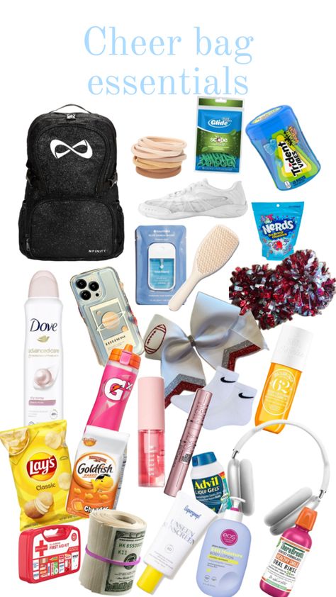 #cheer#bag#essentials Cheer Bag Essentials, Cheer Good Luck Pins, Dance Competition Bag, School Locker Organization, 7th Grade Tips, Cheerleading Tips, Cheerleading Bags, Cheer Backpack, Cheer Hacks