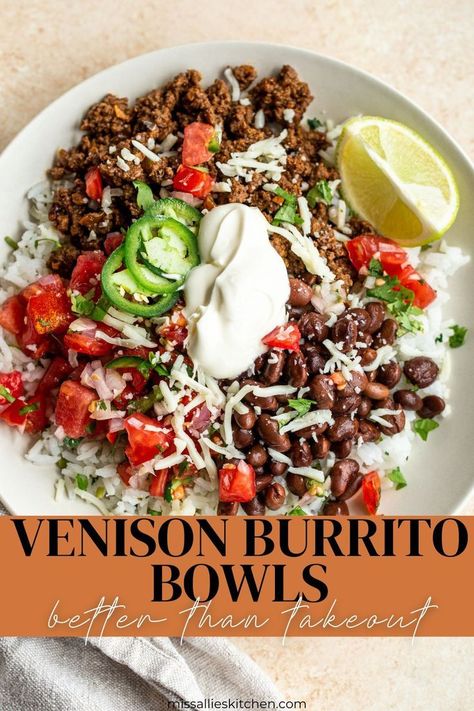 These Venison Burrito Bowls are the perfect way to use up some ground deer meat (or moose, antelope, elk) for a flavorful, easy and healthy meal. These bowls are also great for meal prep and taste even better than takeout. It's like copycat Chipotle with wild game! The homemade cilantro lime rice & pico de gallo are the best! #venison #wildgame #burritobowl #deermeat