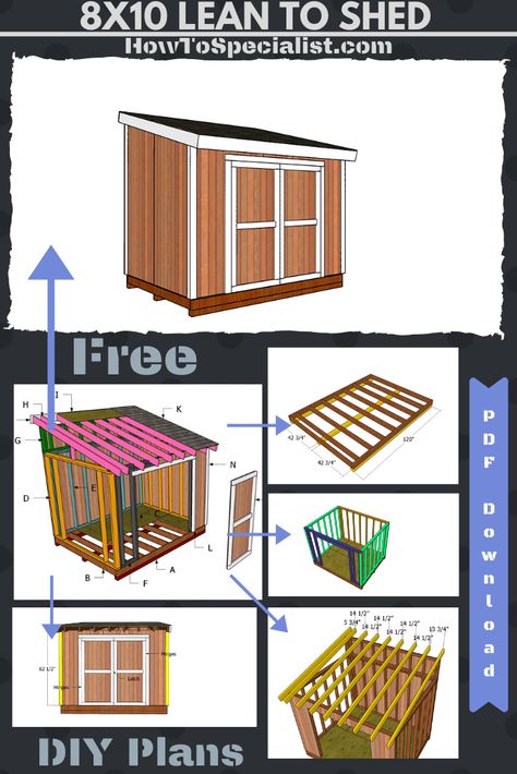 Easy to follow tutorial on how to build a 8x10 lean to shed. This shed makes for the perfect addition to the backyard, as it features double front doors for an easy access. PDF Download and Print friendly. Full Cut & Shopping lists included. #shed #leantoshed #gardenshed Diy 8x10 Shed, 8x10 Lean To Shed Plans, Diy Shed Plans 8x10, Simple Shed Plans Easy Diy, Diy Storage Shed Cheap Easy, How To Build A Shed Cheap Easy Diy, Diy Shed Cheap Easy, 8x10 Shed, Small Shed Plans