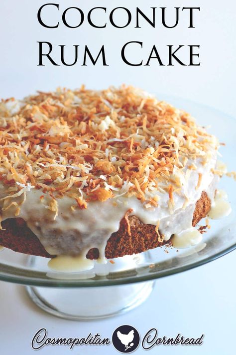 This Coconut Rum Cake is a rich yellow cake, bathed in a rum & coconut cream, and topped with rum-coconut glaze and toasted coconut. Rum Cake With Frosting, Rum Cake Recipe From Scratch, Booze Desserts, Coconut Rum Cake, Rum Cake Recipe Easy, Rum Desserts, Coconut Glaze, Cosmopolitan Cornbread, Magical Kitchen