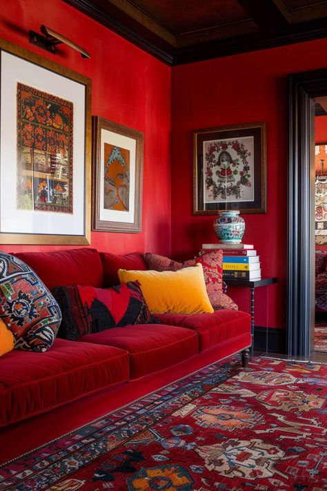 18 Unique Red Wall Decor Ideas To Transform Your Space - DreamyHomeStyle Red Couch Throw Pillows, Red Themed Living Room, Red Boho Decor, Red Painted Room, Red Boho Living Room, Red Wall Collage, Red Living Room Walls, Indian Style Living Room, Red Couch Living Room