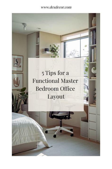 5 Tips for a Functional Master Bedroom Office Layout Guest Room Office Combo Paint Ideas, How To Create A Small Office In Your Bedroom, Main Bedroom Office Combo, Primary Bedroom Office Combo, Office In Primary Bedroom, Work Area In Bedroom, Office Setup In Bedroom, Bedroom Decor With Desk, Office Space In Master Room