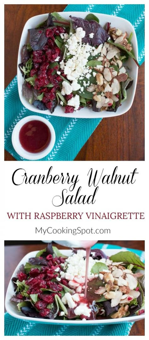 Cranberry Walnut Salad Recipe - My Cooking Spot Salad With Raspberry Vinaigrette, Walnut Salad Recipe, Cranberry Walnut Salad, Raspberry Vinaigrette Salad, Raspberry Vinaigrette, Winter Cooking, Walnut Salad, Salad Ideas, Cranberry Recipes