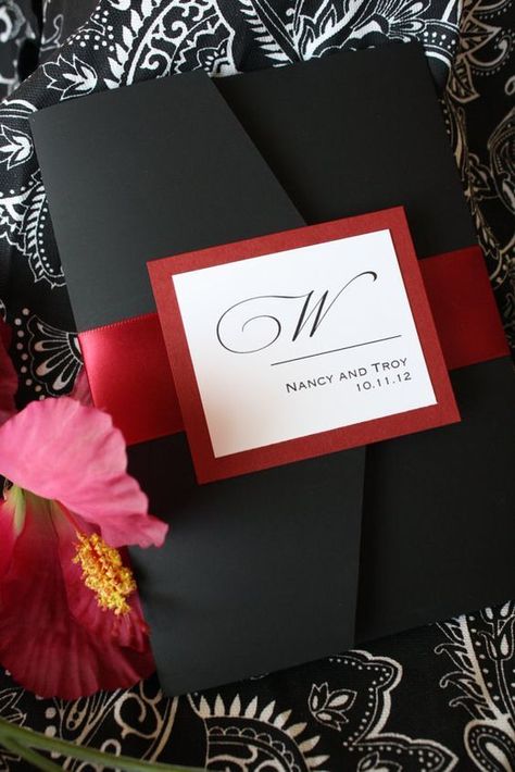 classic black wedding invitations with red ribbon and tag, fall and winter wedding ideas Wedding Invitations Red, Black And Red Wedding, Stylish Wedding Invitation, Red Wedding Invitations, Pocket Fold Wedding Invitations, Black Wedding Invitations, Black Invitation, Purple Themes, Romantic Colors