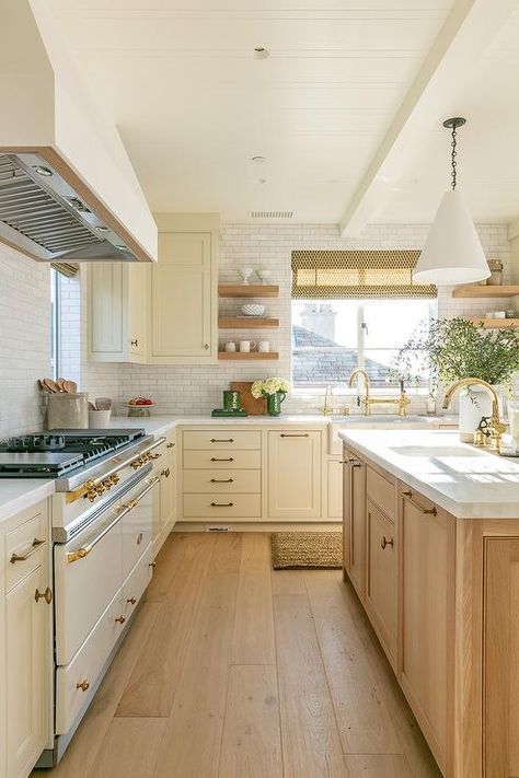 Cream Kitchen Cabinets with Light Brown Oak Island - Transitional - Kitchen Cream And Wood Kitchen, Studio Mcgee Kitchen, Tan Kitchen, Cream Kitchen Cabinets, Black Kitchen Island, Cream Kitchen, Wood Floors Wide Plank, Light Wood Floors, Brown Kitchens