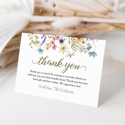 Wildflowers Baby In Bloom Baby Shower Thank You Card Wildflower Baby Shower, Gender Neutral Baby Shower Invitations, Baby Event, Baby In Bloom, Summer Baby Shower, Spring Baby Shower, Bloom Baby, Baby Shower Thank You Cards, Dried And Pressed Flowers